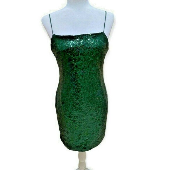 Y2K MIND CODE Emerald Green Sequin Mini Dress Size L Sparkly Bodycon Party Disco - Picture 1 of 8